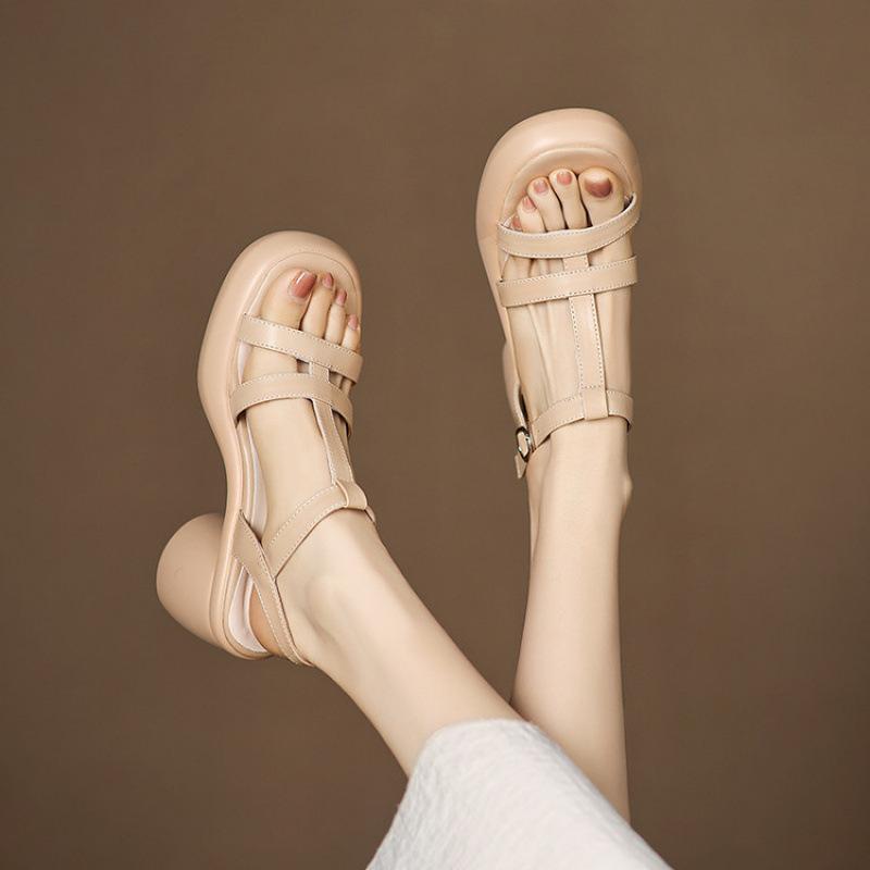 Summer Square Heel Buckle Platform Women's High-heeled Sandals New Casual Solid Color Roman Sandals Rubber Soft-soled Women's Shoes