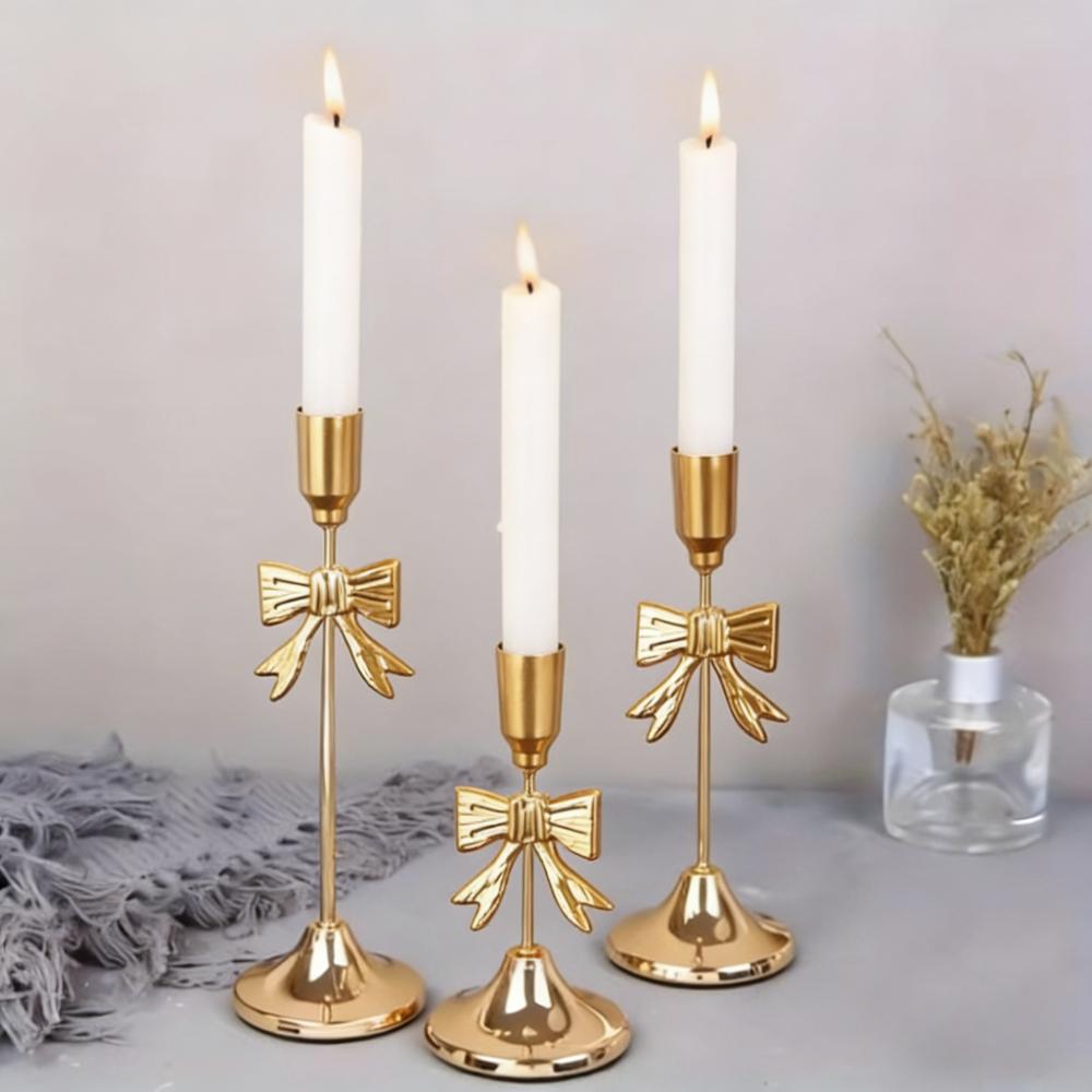 3pcs Vintage Golden Bow Candle Holder Intricate Metal Taper Candlelight for Romantic Home Table Wedding Festival Party Decor