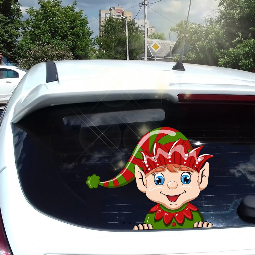 Christmas Decor Elf Peeking Sticker, Car Window Decals Vinyl Waterproof Stickers for Cars Truck SUV Laptop Bumper Car Stickers and Decals (Elf)