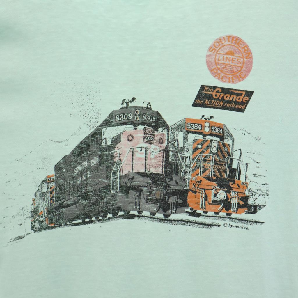 HANES 80s 90s Made In USA Old Railway Print Short Sleeve T-shirt Men's Used