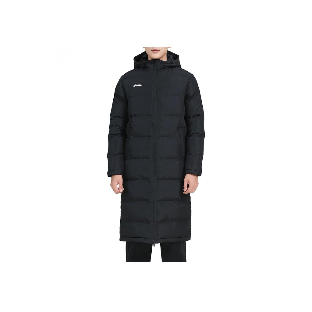 Li Ning Side Split Warm Solid Color Long Hooded Cotton Coat Men Coats Black AFMT025-1