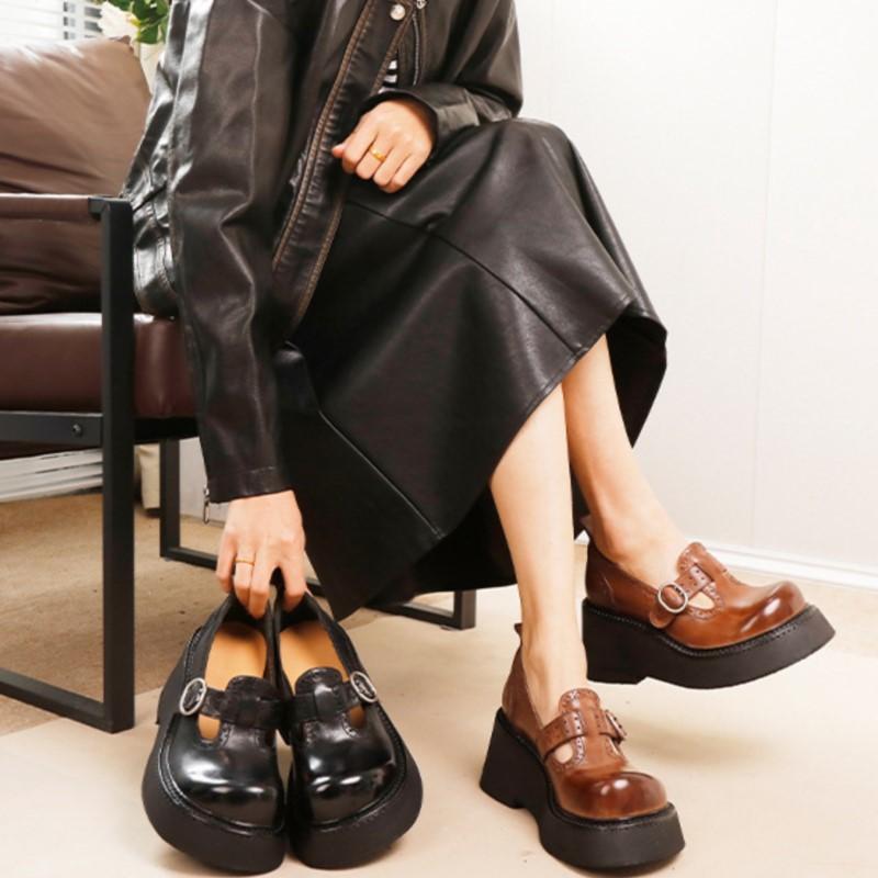 Johnature Retro Thick Soled Pumps Genuine Leather Wedges Shoes Round Toe Versatile Women's Platform Shoes