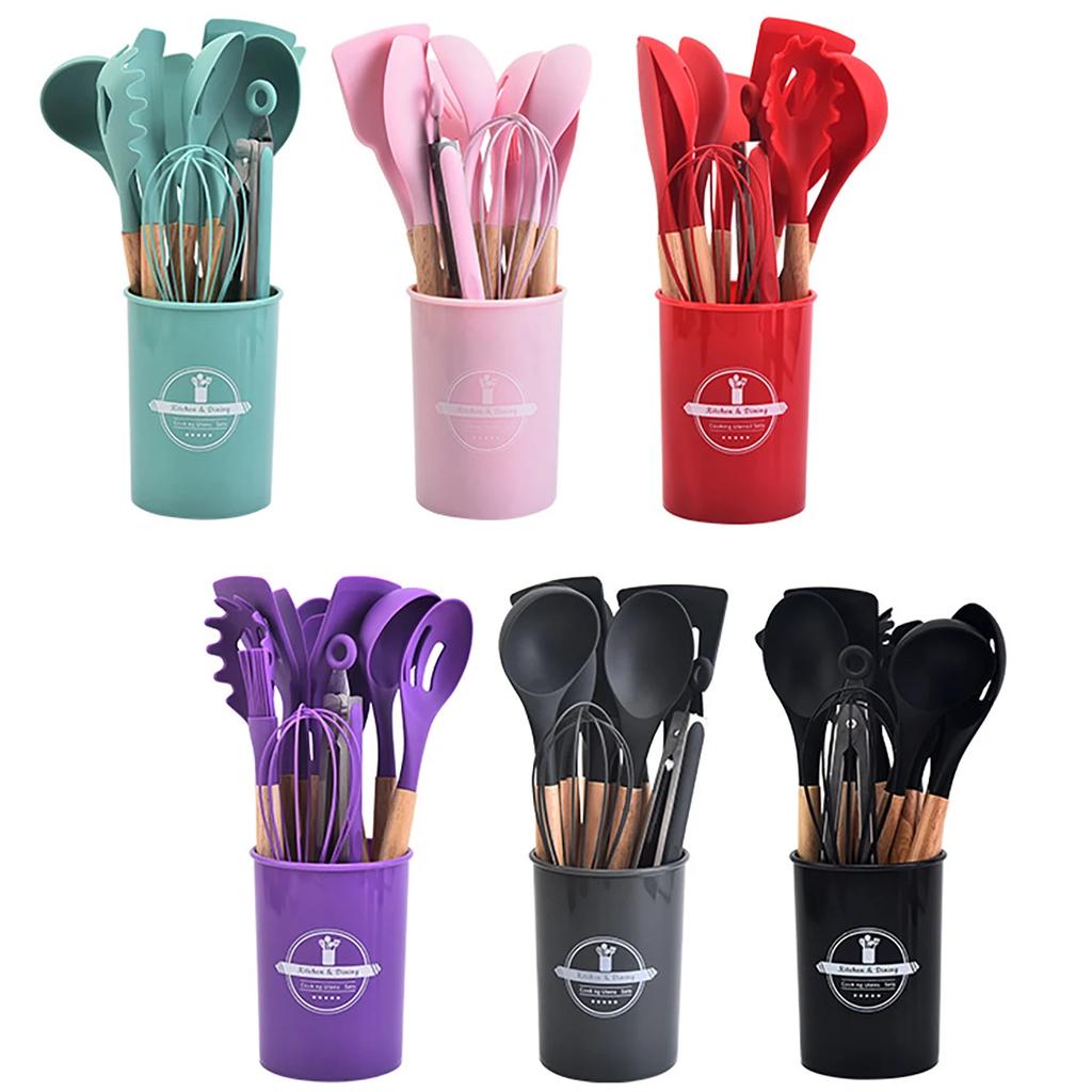 12Pcs Wooden Handle Silicone Kitchen Utensils Silicone Kitchen Utensils Non-stick Pan Cooking Spatula Baking Storage Tool