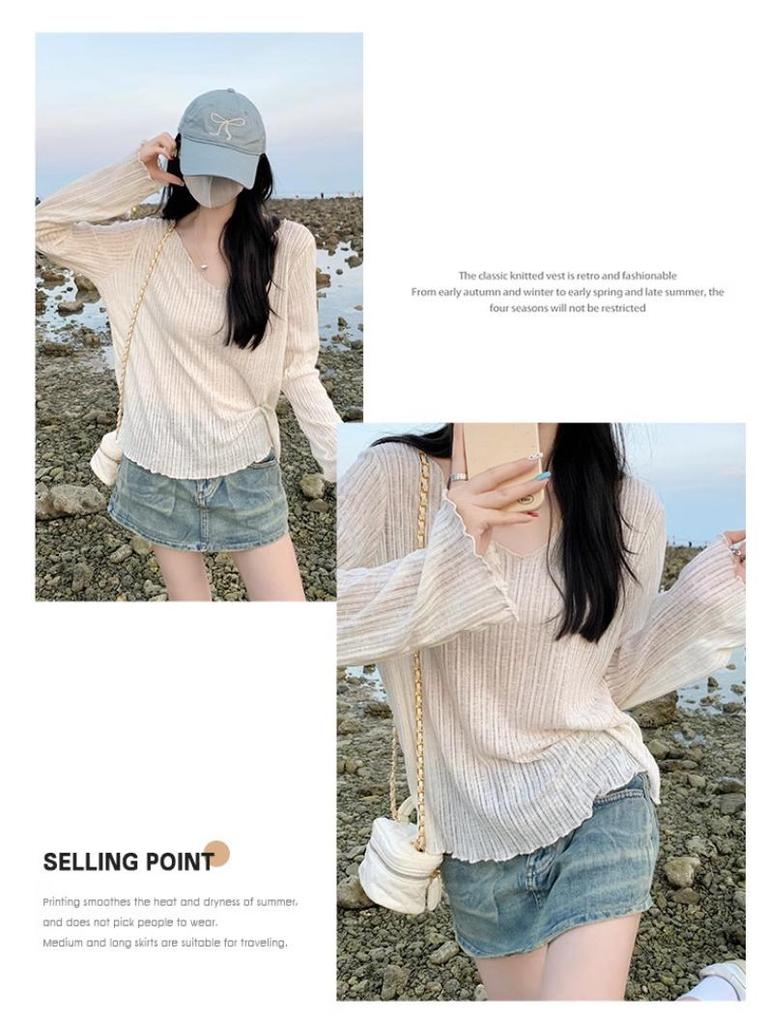 Damen 2024 Sonnenschutz Klimaanlage Langarmbluse: Leicht, Transparent, mit Holzohrbesatz für den Sommer