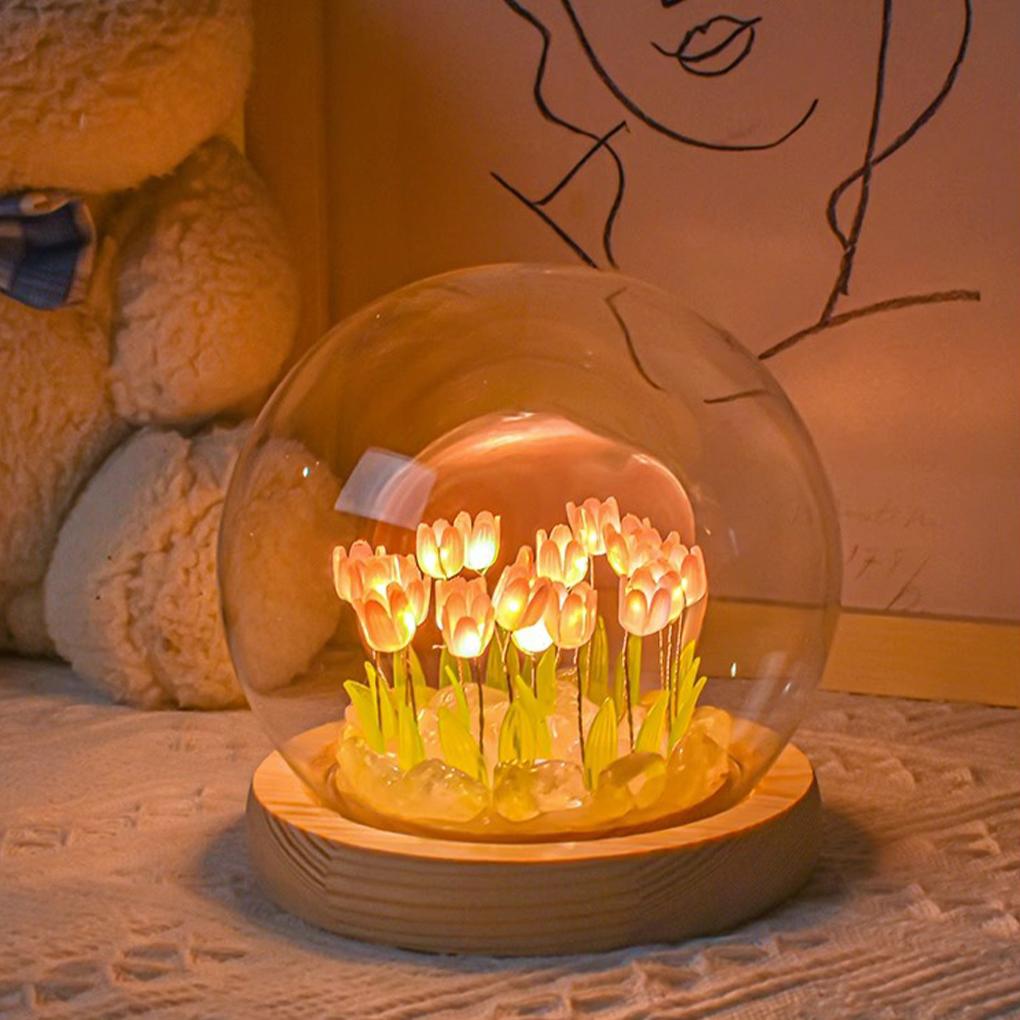 Glass DIY Tulips Night Light Romantic And Exquisite Decoration For Bedroom Mini Tulips Flower Light