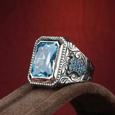 Handmade Turkish Turquoise Beads Ring For Men Women Ancient Silver Color Sea Blue Red Zircon Ring Islamic Vintage Jewelry 6 -13
