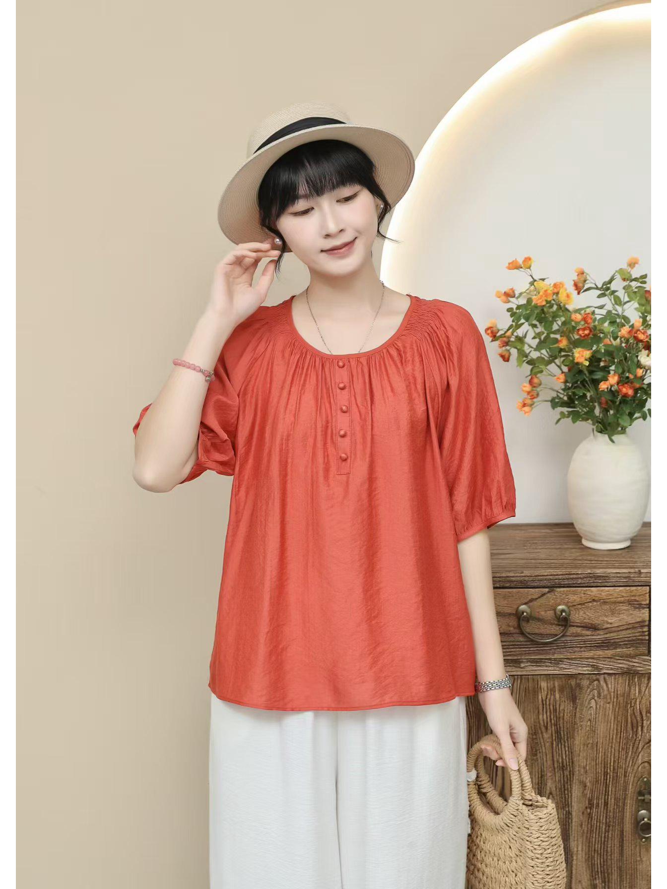 Artistic Retro Silk Linen Pleated Round Neck Women s Blouse - Summer 2026 Loose Fit Pullover Top One Size 90-140