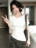Human Cotton, Ruffle Leaf Edge Off-the-shoulder Swinging Collar T-shirt for Women's Summer Wear Temperament Spice Girl Style Waist and Thin Top
