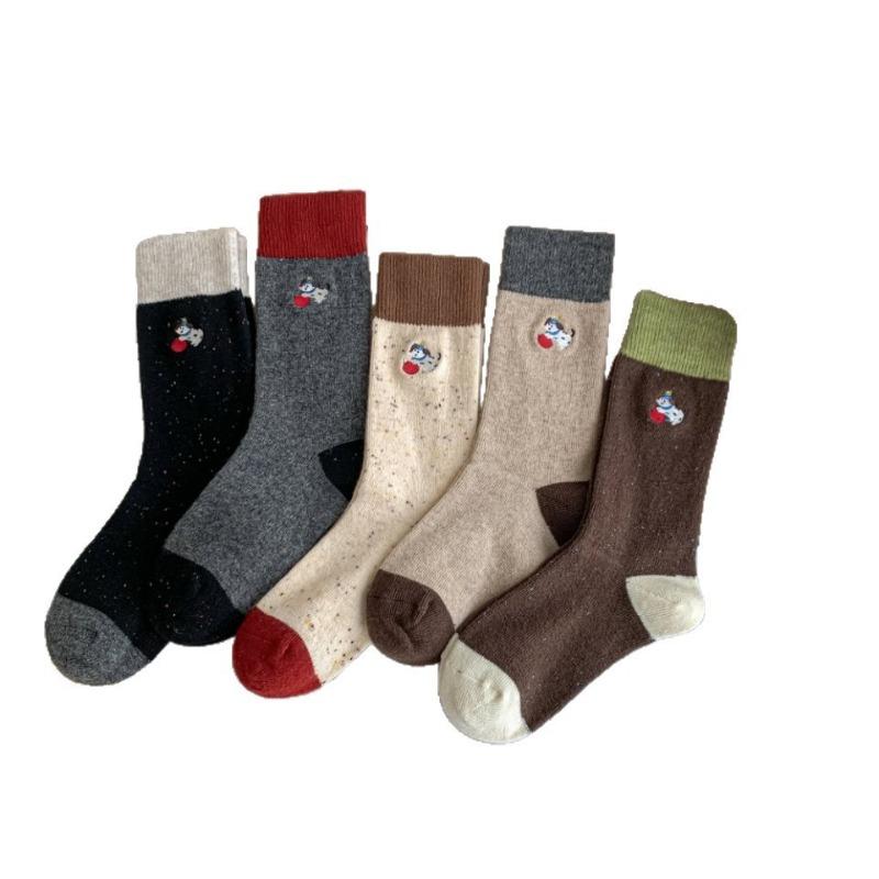 Winter and Autumn Warm Wool Women's Socks with Contrasting Embroidery and Apple Dog Pattern - Simple Mid-calf Length Socks