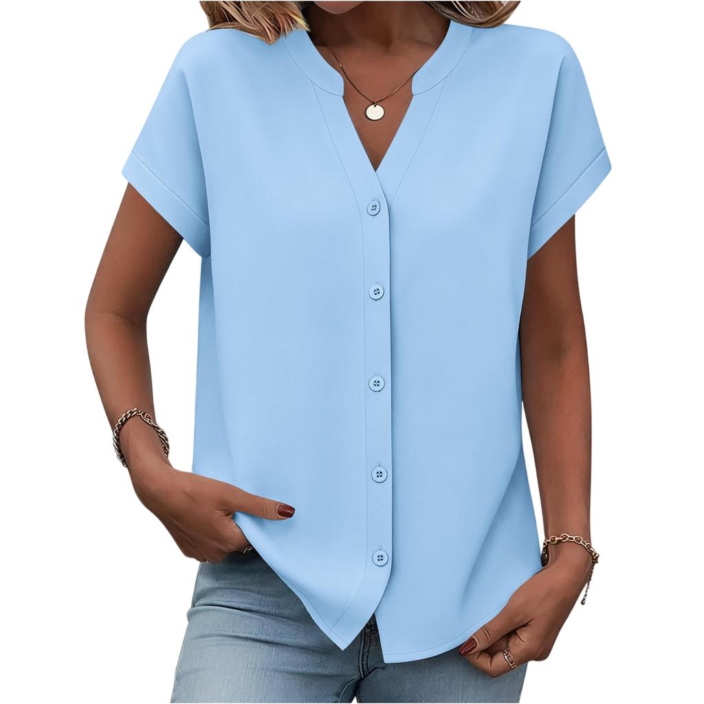 Button Down Shirts For Women Short Sleeve Tops V Neck Collar Blouses Business Casual