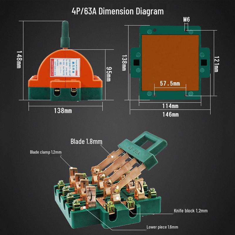 3P 63A Double-Pole Double-Throw Reversing Knife Switch, 100A Three-Phase, Dual Power Transfer
