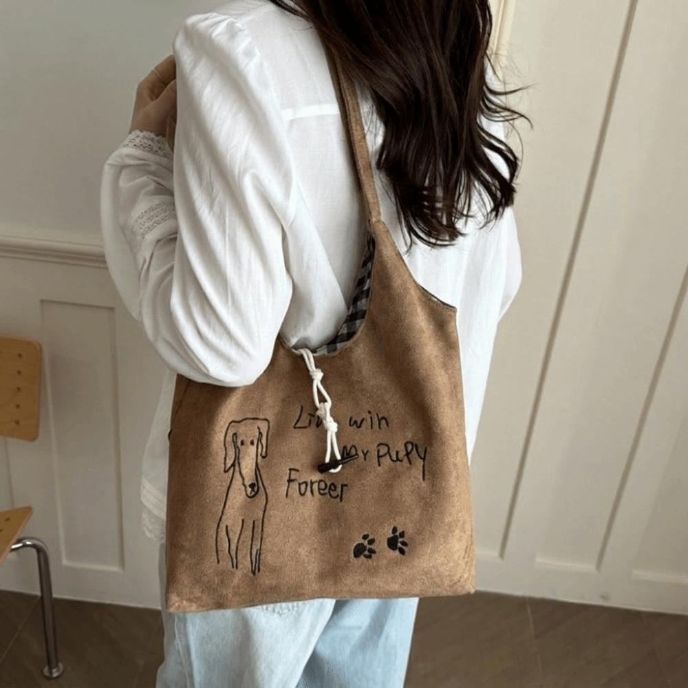 Vintage Drawstring Shoulder Bag Little Dog Handbag Fashion Puppy Paw Print Tote Bag Casual Wear