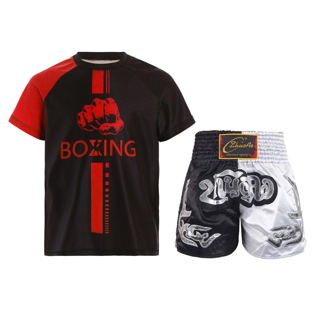 Dětský chlapecký boxerský tréninkový kostým, módní barevné bloky, patchworkové tričko s kulatým výstřihem, krátkým rukávem, atletický top s boxerskými kraťasy
