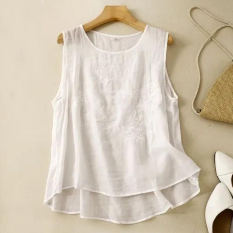 Women's Summer Chinese Vintage Cotton-Linen Embroidered Tank Top Solid Color Comfortable Loose-Fit Round Neck Sleeveless Top