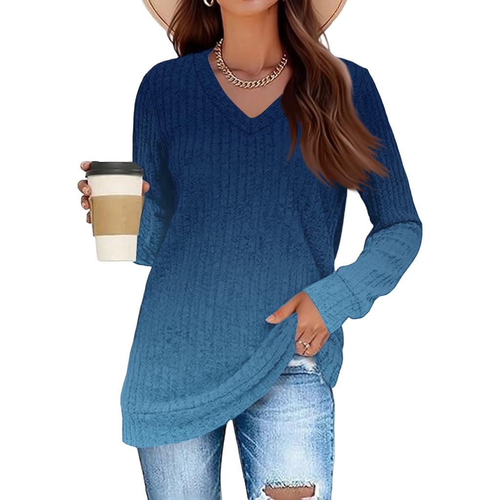 Women's Fashionable Oversized V-Neck T-Shirt With Gradient Print Long-Sleeved Pullover Top