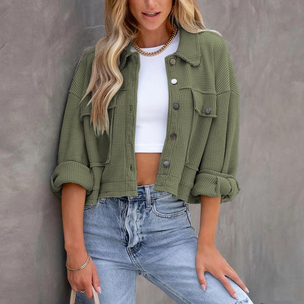 Women's Fashion Solid Color Long Sleeve Short Pocket Loose Button Jacket