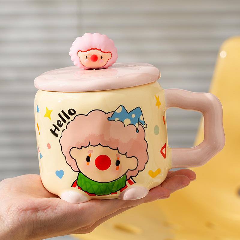High value, cute and super good-looking clown cup, girls' household drinking cup, milk cup, ceramic mug with lid spoon.