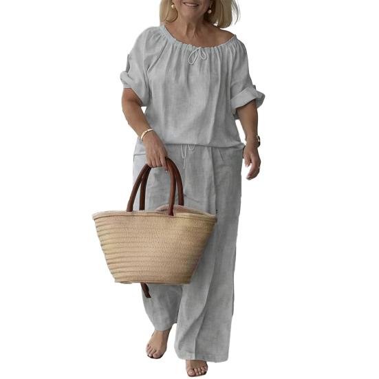 

Summer Cotton Linen 2 Piece Outfits for Women Casual Short Sleeve Drawstring Crew Neck Top And Wide-Leg Pants Lounge Matching Set XXXL сірий