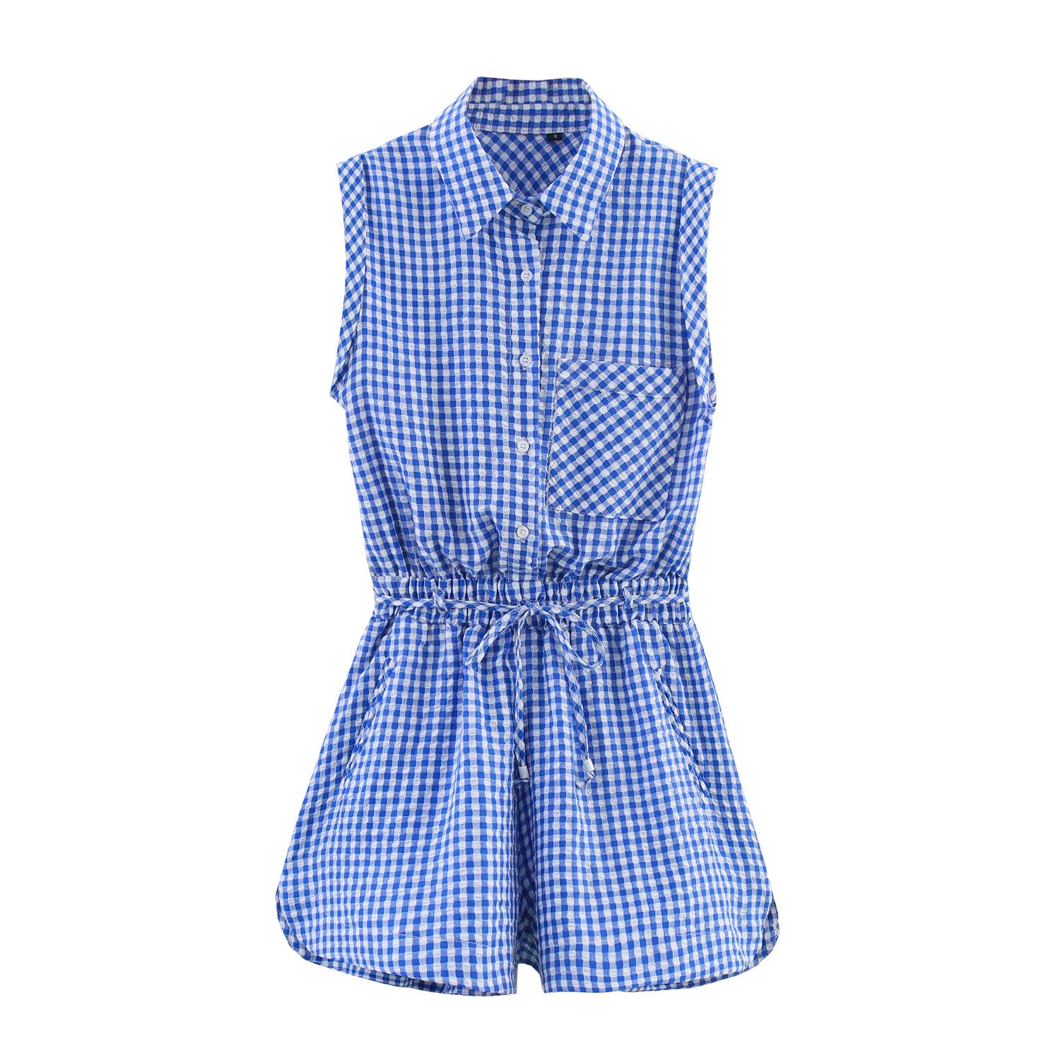 

Женский клетчатый ромпер в стиле преппи - Мода лето 2025 с деталями на шнуровке Extra Small