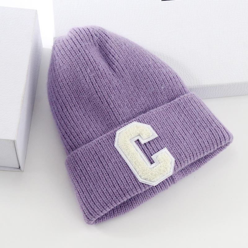 New Wool Hat Women's Autumn and Winter Warm Letter C Pullover Hat Student Solid Color Knitted Hat