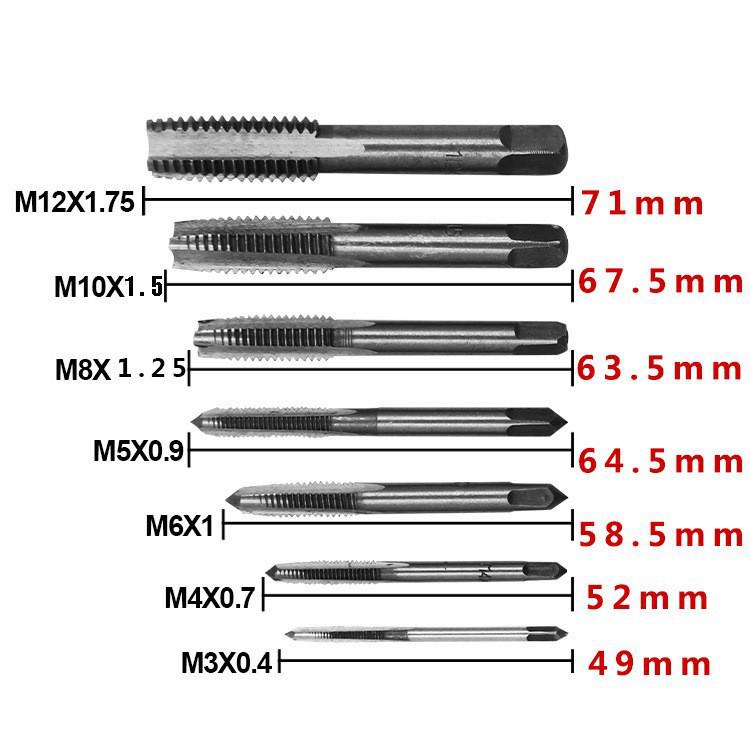 7-Piece Bearing Steel Square Shank Straight Flute Tap Set (M3-M12)