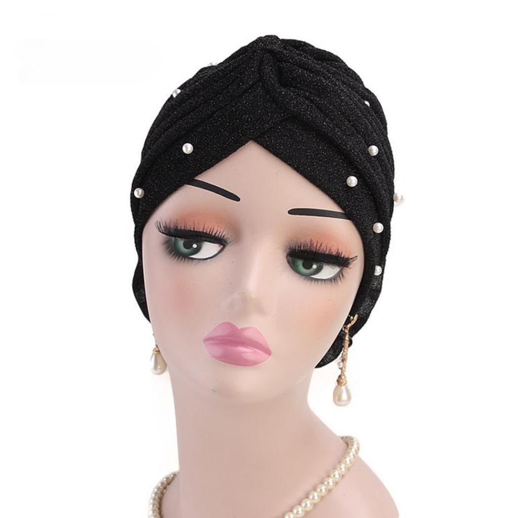 Women Big Flower Headband Cap Faux Pearl Decor Hijab Turban Hat Head Wrap