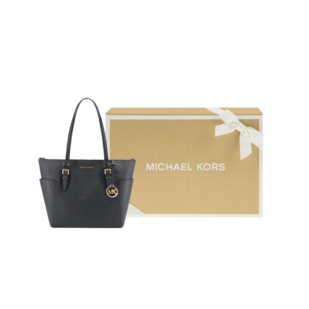 Michael Kors Mk Charlotte Vintage Solid Color Logo Pendant Large Capacity Commuter Tote Shopping Bag Women Tote Black 35T0GCFT7L-BLACK