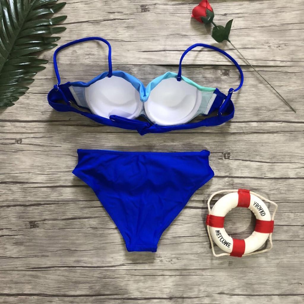 Zweiteiliger Badeanzug Damen Bügel Gepolstert Push-Up Split Bikini Set Einfarbig BH Blumendruck Hohe Taille Strings Badeanzug
