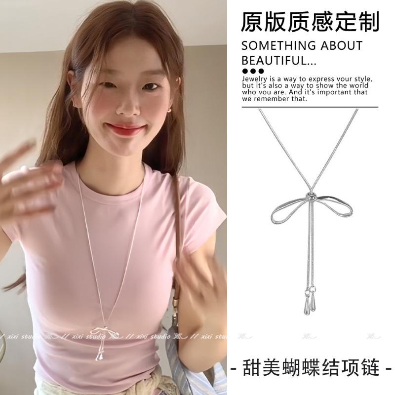 Silver bow pull necklace female simple cold wind long sweet accessories temperament collarbone chain new product