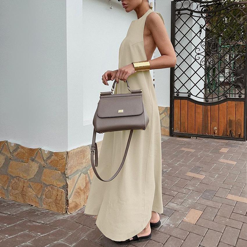Khaki Hanging Neck Cotton Linen Dress, Loose Vest Skirt, Long Skirt For Women