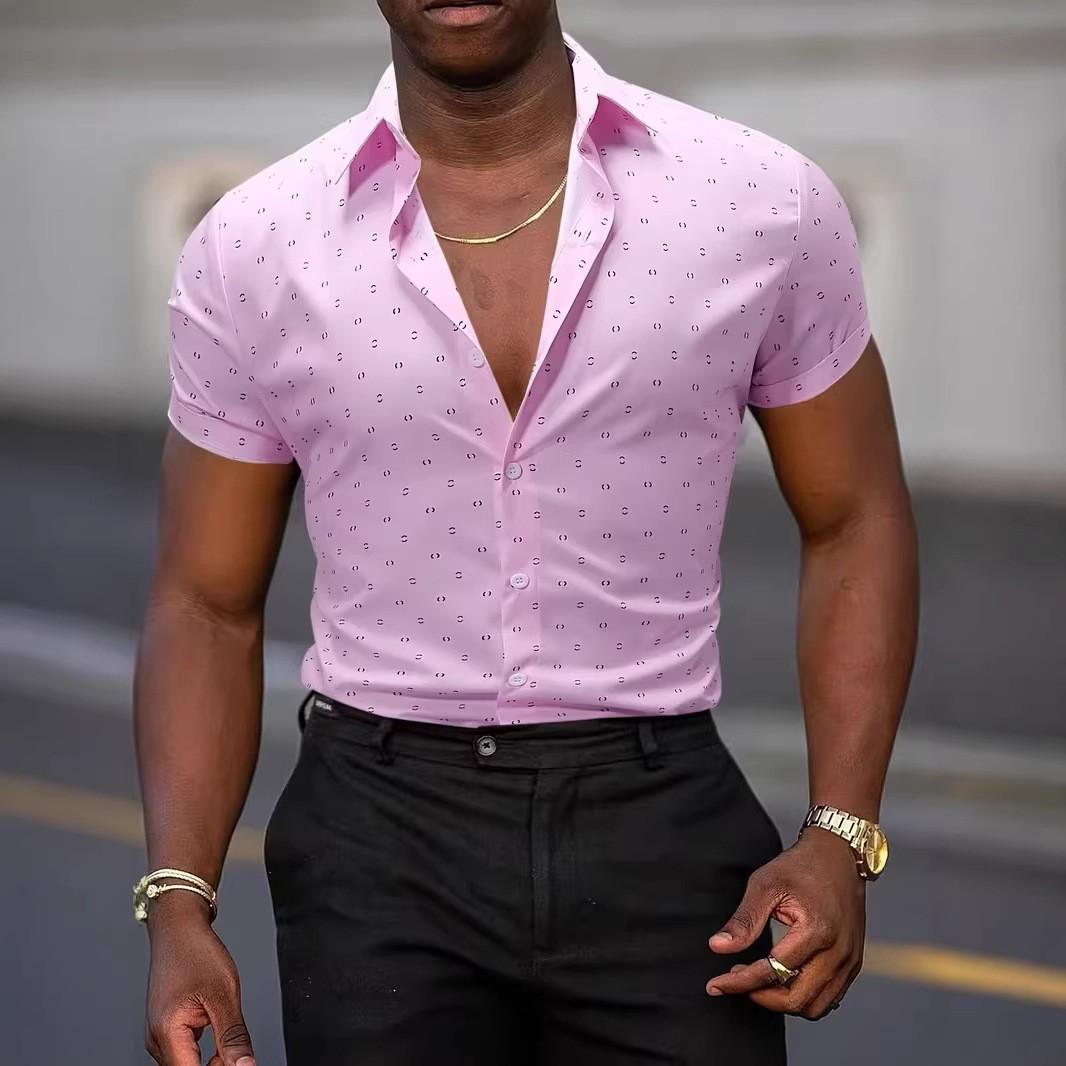 

Spring Summer Men Clothes Short Sleeve Lapel Shirt Men Casual Hawaii Beach Shirt Tops 3XL рожевий