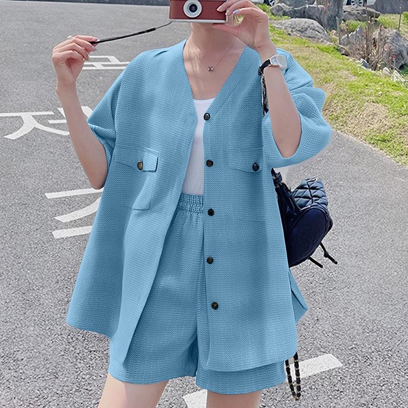 

ZANZEA Женский летний комплект из двух предметов: блузка с коротким рукавом и шорты 5XL синий