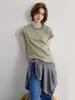 Moon Dal Women's Retro Color Block Striped T-Shirt - Loose Fit, Round Neck, Korean Style Short Sleeve