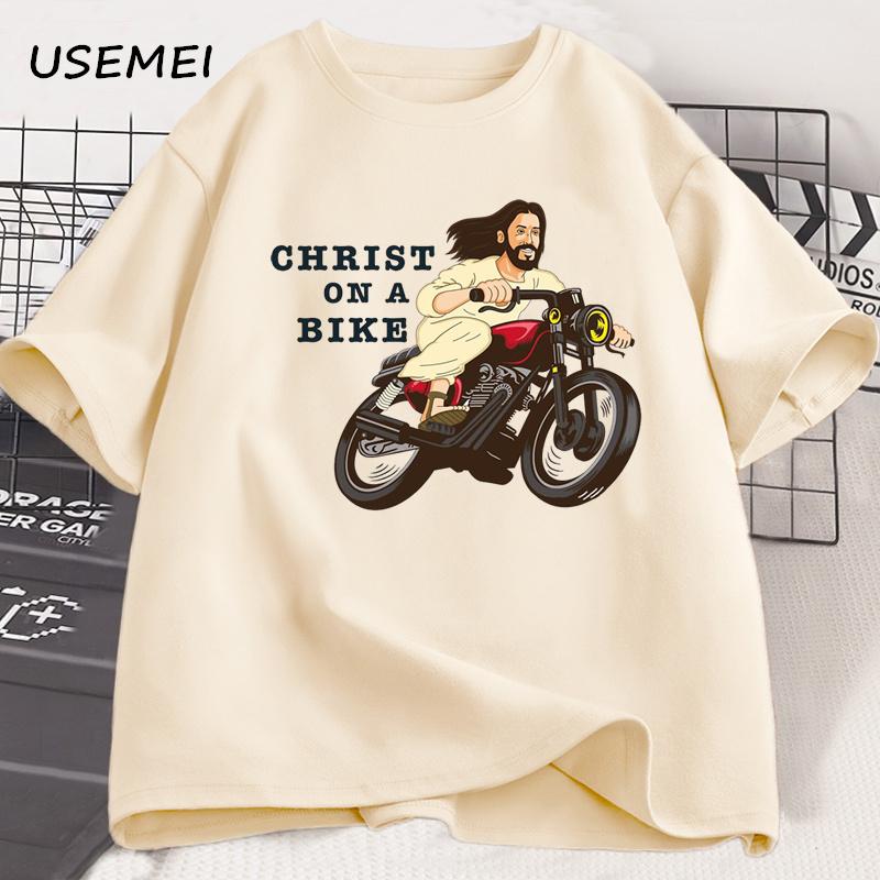 Christ auf einem Motorrad T-Shirt Lustig Religiös Herr Jesus Kirchengruppe Ostern T-Shirt Unisex Damen Baumwolle Kurzarm T-Shirt