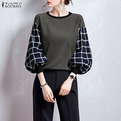 Women Casual Round Neck Puff Sleeve Grid Print Splice Loose Blouse