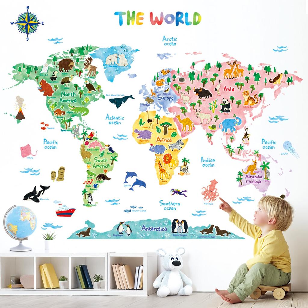 DECOWALL Animal World Map Wall Decorative Wall Art Sticker for Kids Wall Transfer Wall Art Sticker for Bathroom Teen Child SG2-1615S Sticker,