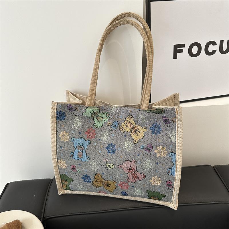 Tragbare Leinen Bhutto Extra Große Kapazität Cartoon Kreativer Bär Vielseitige Schulter Unterarmtasche