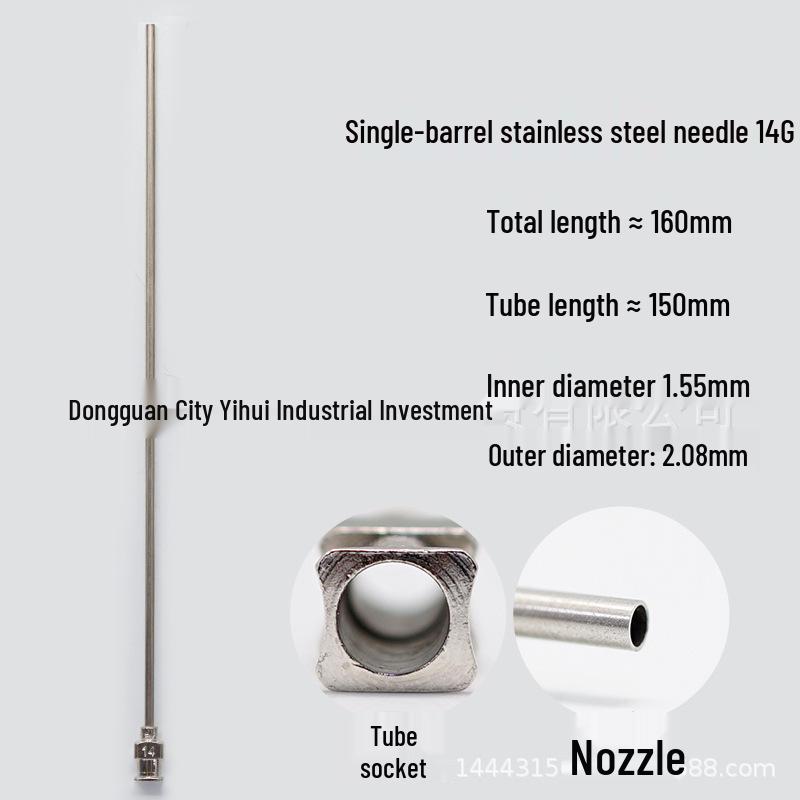 Stainless Steel Dispensing Syringe: 160mm Total Length, 150mm Tube, Pointed Tip, Flat Opening