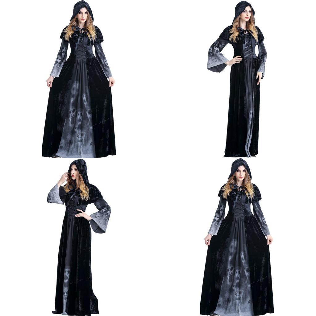 Halloween Cosplay Dress For Women With Skeleton Print Polyester Fantasy Evil Witch Vampire Dead Soul Costume Halloween Costume