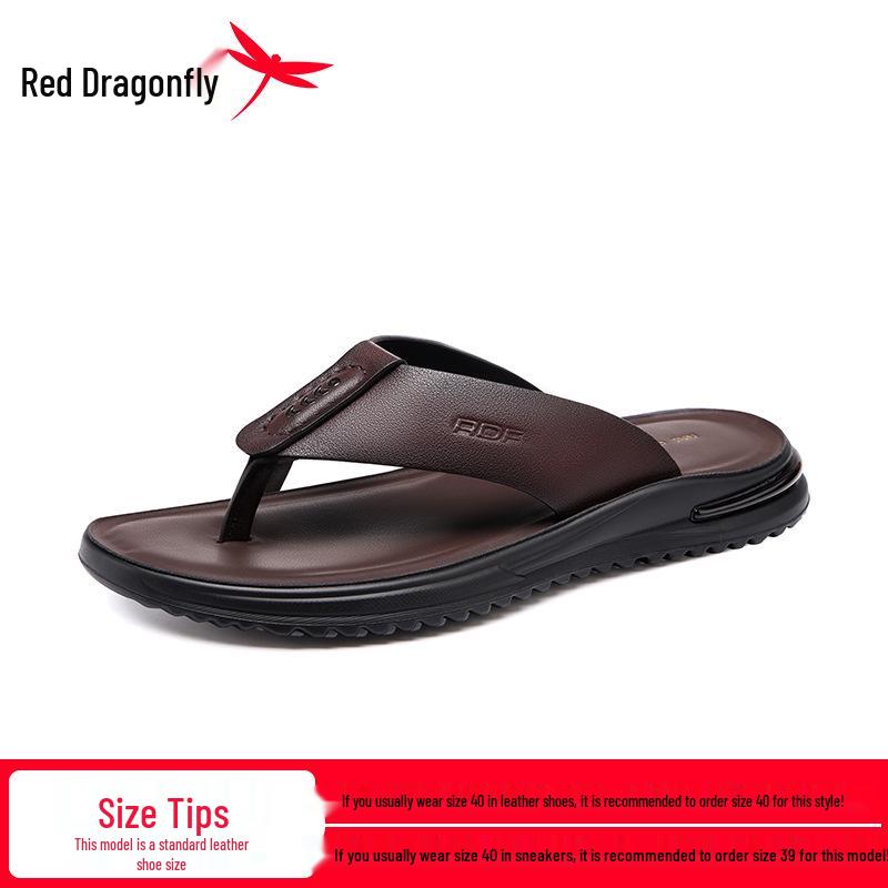 Red Dragonfly Men`s Non-Slip Leather Flip-Flops: