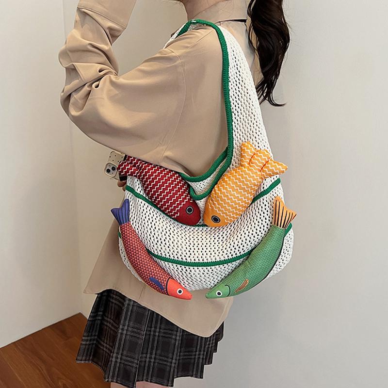 Fish Design Knitting Shoulder Bag Woven Hand Bag Beach Bag Holiday Travel Shopper Shopping Purse for Women