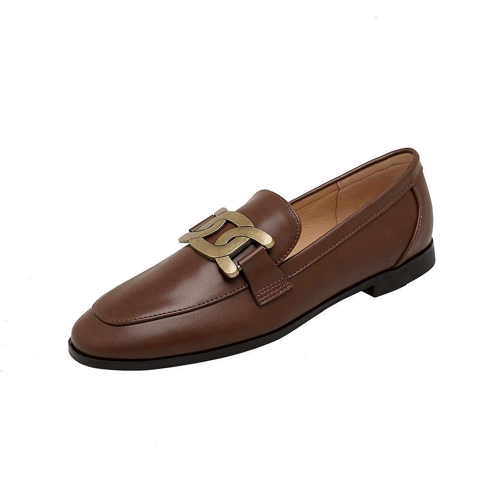 Mary Janes Casual Retro Pumps 2024 New Fashion Artificial Leather Summer Heel Flats Women's Shoes Metal Accessories Pointed Toe