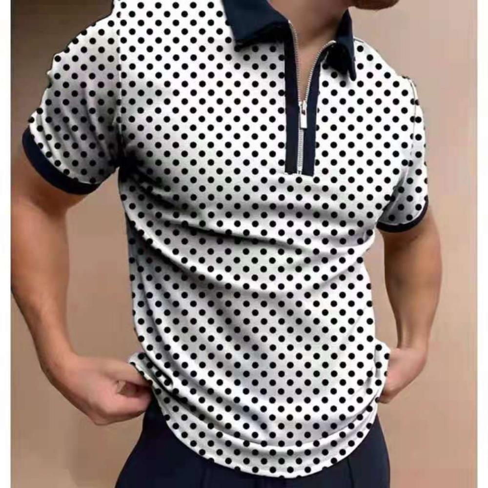 Summer Men's Casual Fashion Zipper Polos Digital Printed Stripe Plaid Pattern Mens Polo Shirts with Short Sleeve Men Clothing