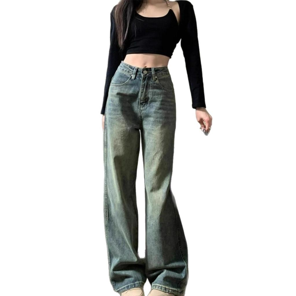Nostalgia Straight Jeans Women Spring and Autumn Outside Wear Pear-shaped Casual Retro Loose Drag Ground Wide Leg Trousers Long Denim Pants
