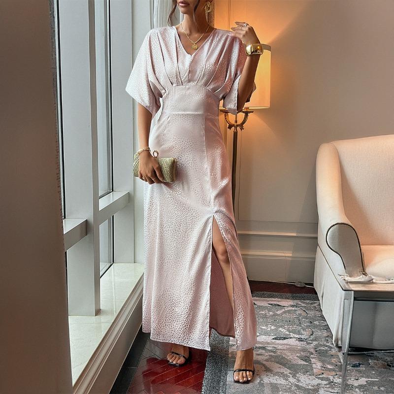 

Платье весна-лето женское темпераментное ретро-стиль разрезное платье с коротким рукавом средней длины XL розовый