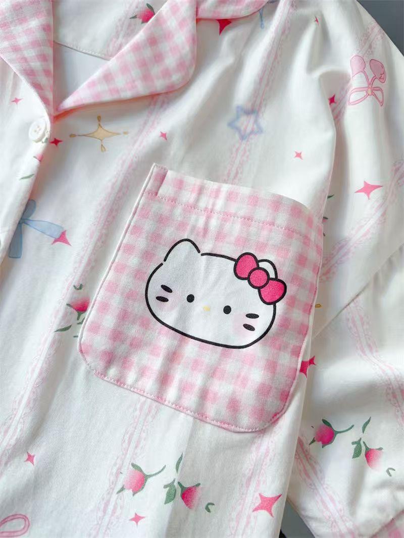

Pink plaid Hello Kitty short-sleeved two-piece set, summer new ins style simple girl pajamas can be worn outside and loose S [recommended weight 40-47.5kg]