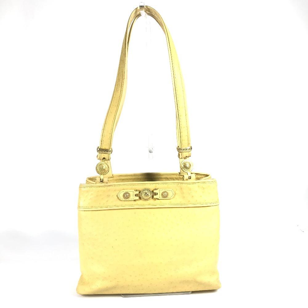 VERSACE vintage Sunburst logo Bag Tote Bag Shoulder Bag Embossed Leather yellow
