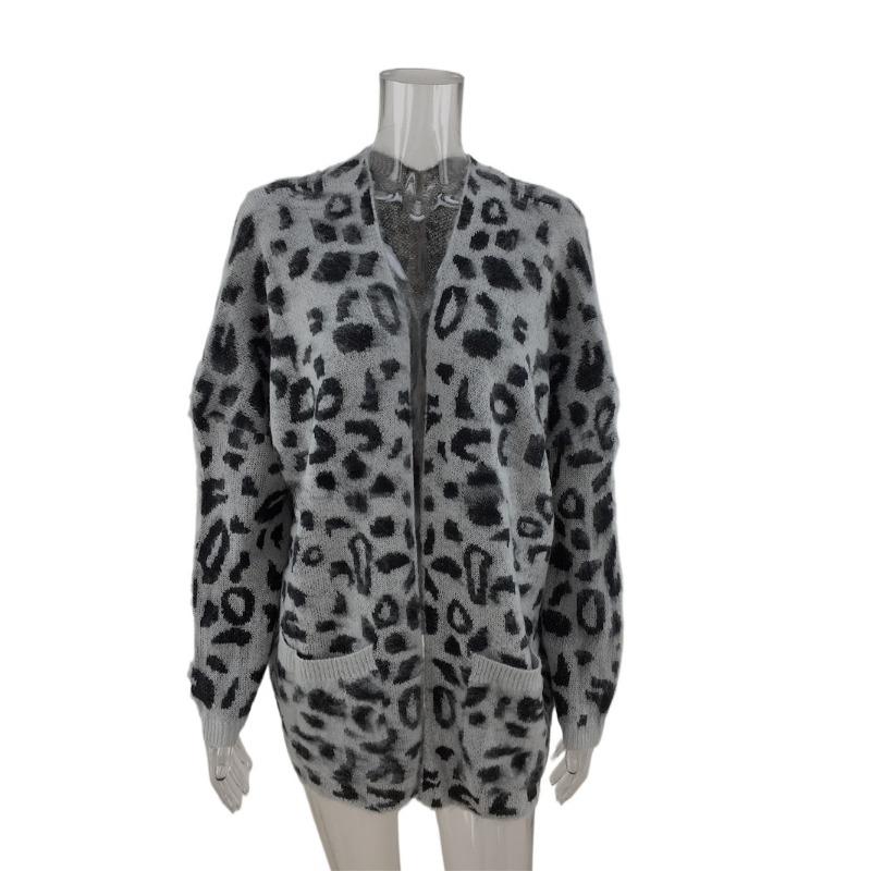

IHUASU Женский свитер-кардиган с длинным рукавом и леопардовым принтом для поездок на работу и зиму, свободный, большого размера XL серый