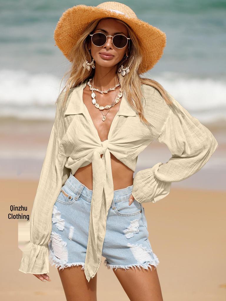 Long-Sleeve Bamboo Cotton Beach Cover-Up with Front Tie for Women