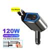 120W 5 In 1 Retractable Car Charger USB C Cable 3 Ports with Retractable Cords with Volt Display For IPhone Huawei Samsung